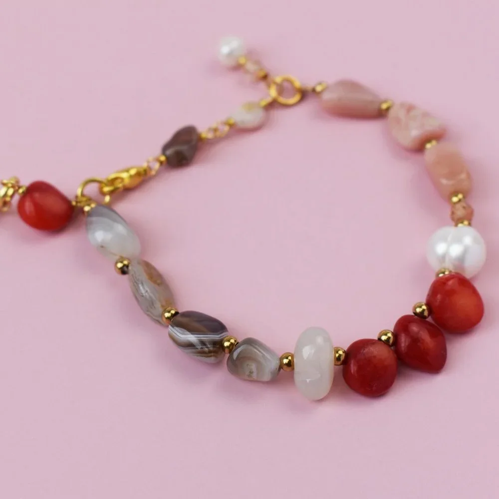 Mismatched beaded bracelet, red coral and pearl bracelet handmade